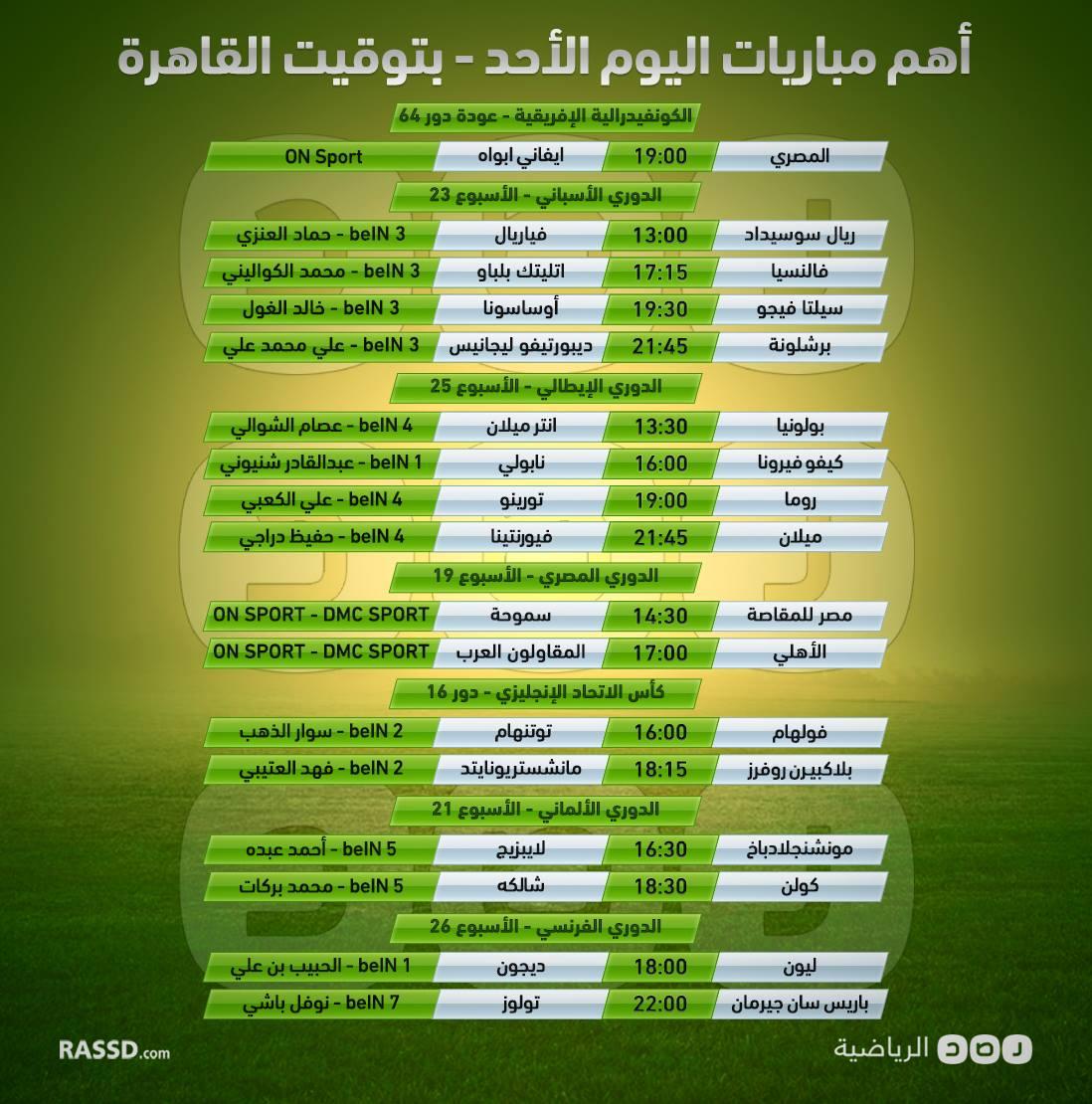 تعرف على جدول مباريات اليوم الأحد