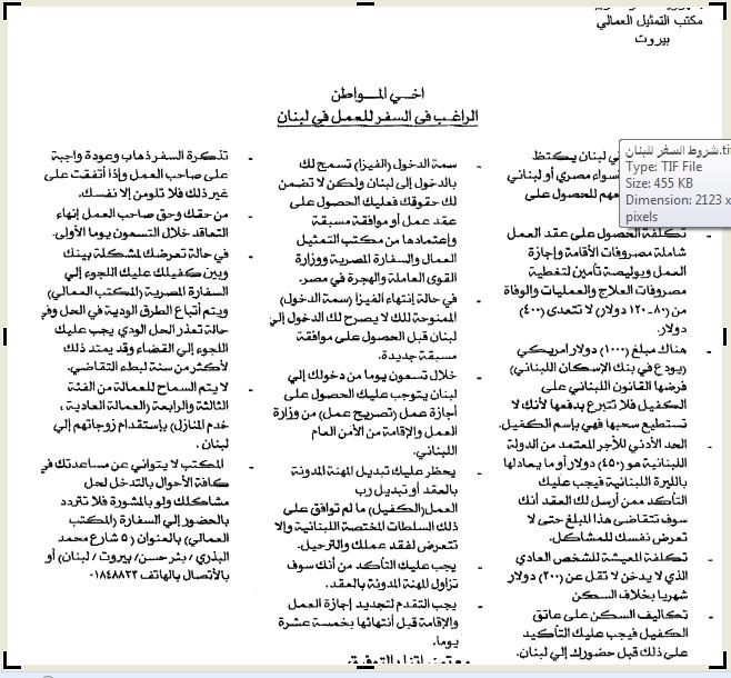 القوي العاملة:تعليمات لحماية العمالة المصرية المسافرة للبنان