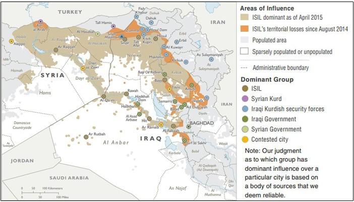 خريطة للبنتاجون تُبين المناطق التي يسيطر عليها تنظيم الدولة الإسلامية