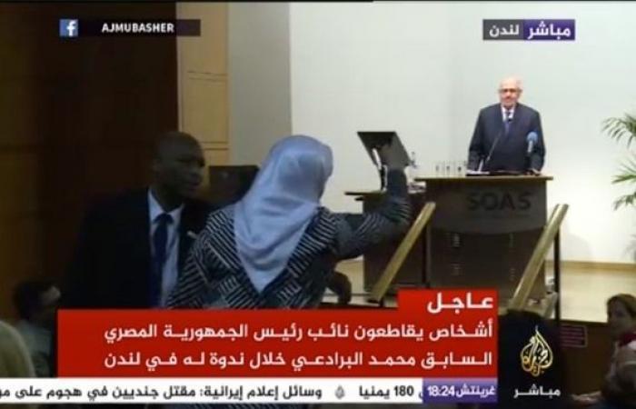 في ندوة بلندن.. سيدة تقاطع “البرادعي” وتهتف: “قاتل قاتل”