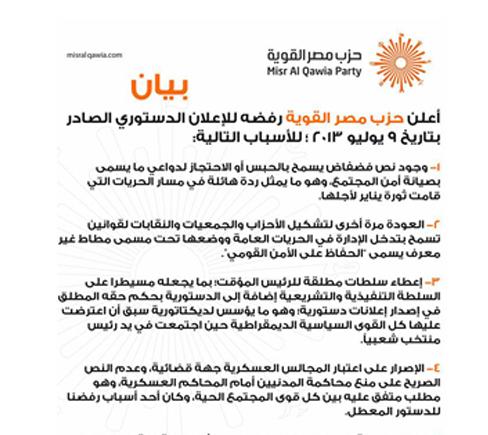 “مصر القوية”: الإعلان الدستوري ردة هائلة في مسار الحريات