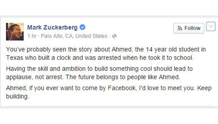 مارك تعليقًا على اعتقال الشرطة لـ”الطالب المخترع”: يجب التصفيق لهؤلاء