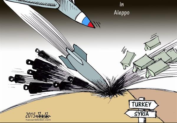 كاريكاتير.. الصواريخ الروسية تنتج لاجئين لتركيا وجثثًا  لسوريا