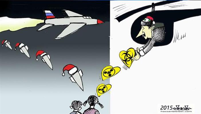 كاريكاتير.. الأسد وبوتين يهديان الموت لأطفال سوريا في أعياد الميلاد